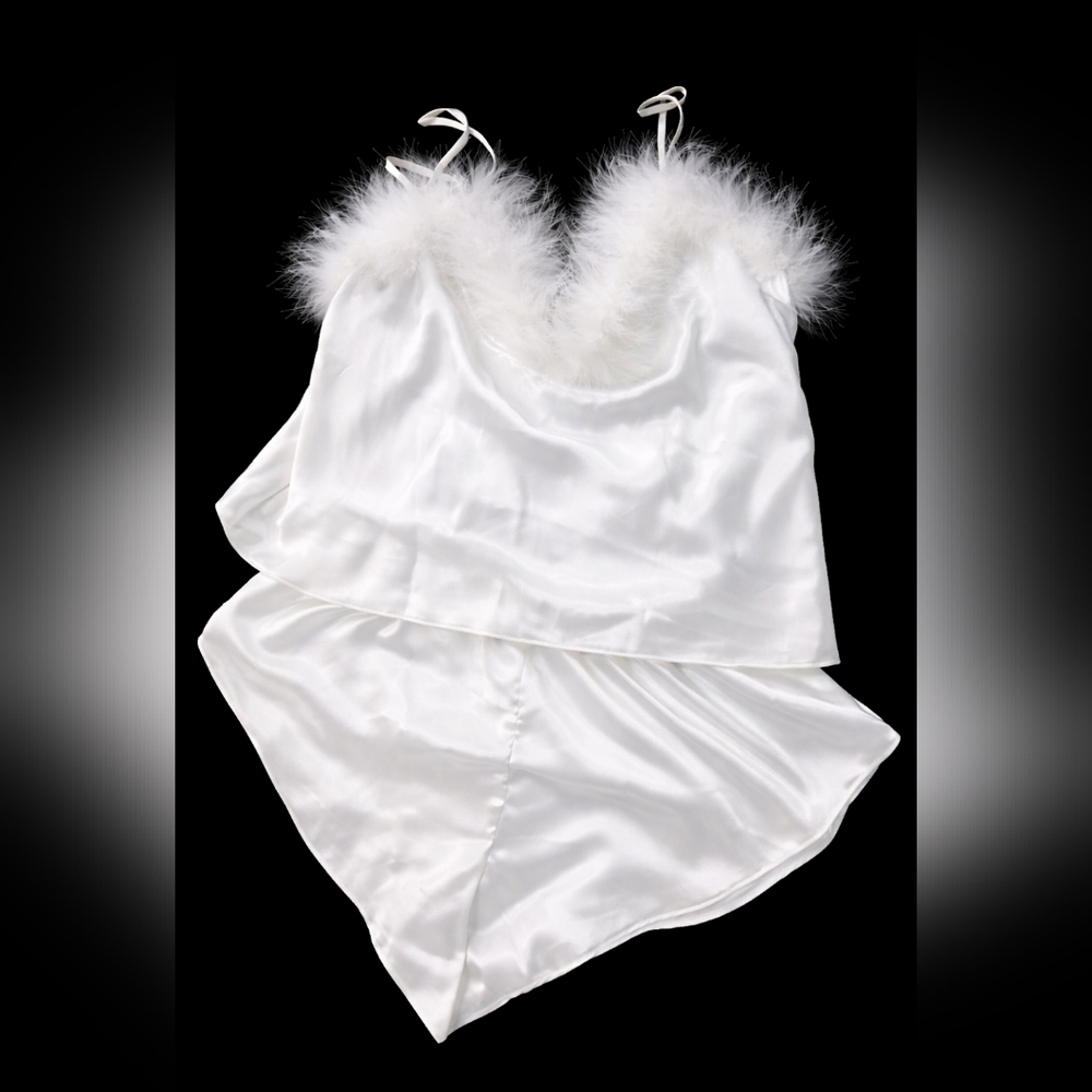 Vintage Val Mode White Satin Feather Trim Lingerie Set | Old Hollywood Glam